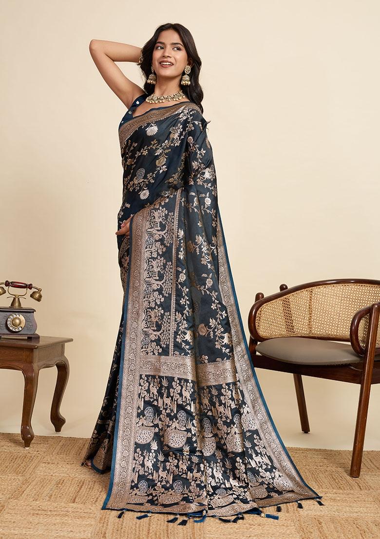 Blue Zari Work Silk Blend Saree Set - Indya