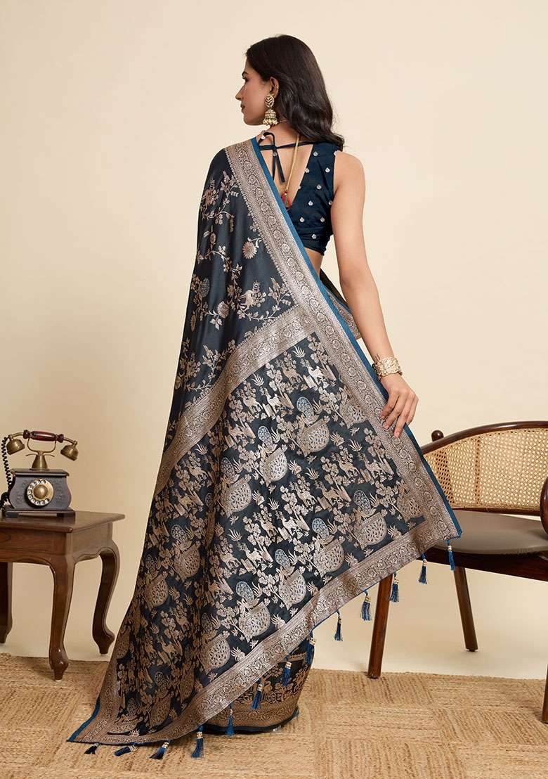 Blue Silk Blend Saree Set with Zari Work for Diwali | Wedding & Festive Wear - Indya