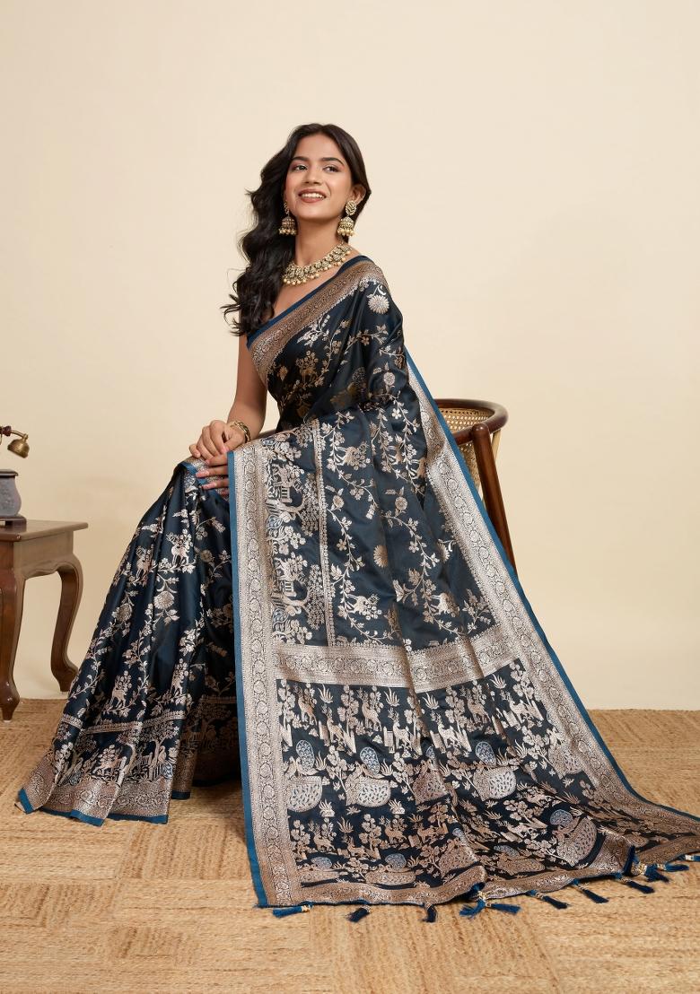 Blue Zari Work Silk Blend Saree Set - Indya