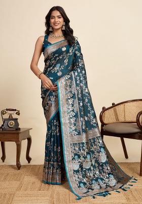 Teal Zari Work Silk Blend Saree Set