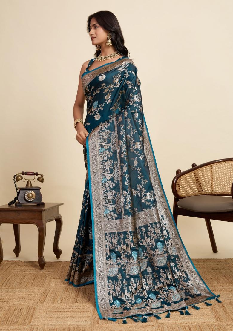 Teal Zari Work Silk Blend Saree Set - Indya