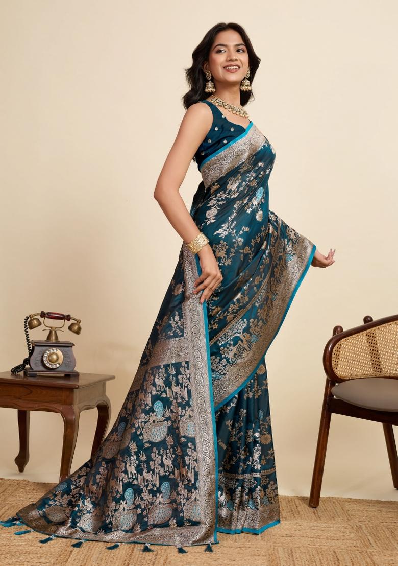Teal Zari Work Silk Blend Saree Set - Indya