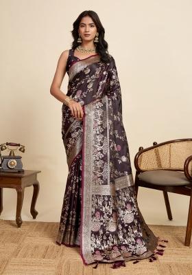 Wine Zari Work Silk Blend Saree Set