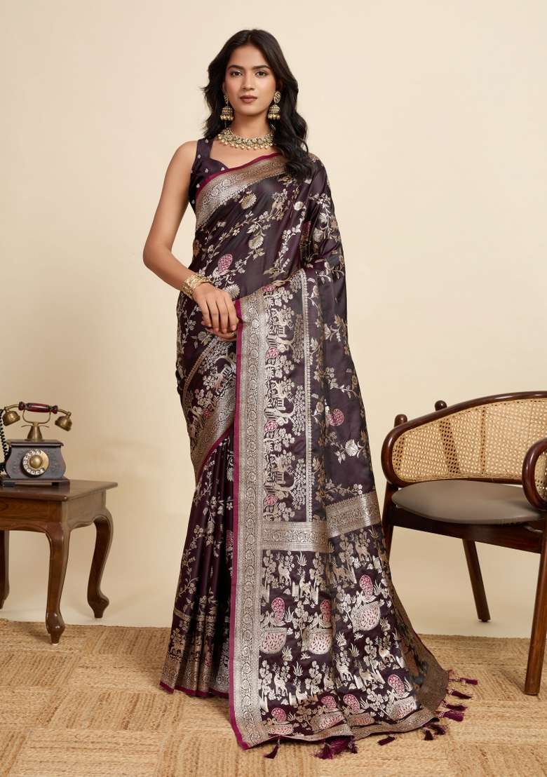 Wine Zari Work Silk Blend Saree Set for Diwali and Festive Wear - Indya