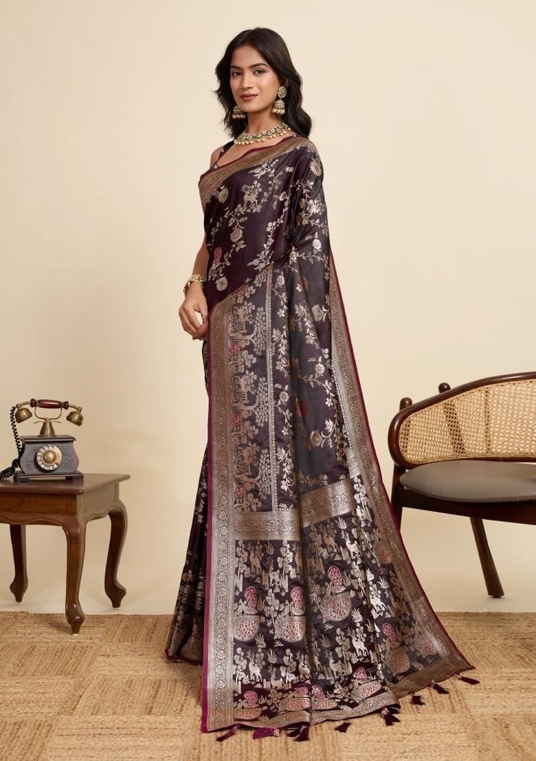 Wine Zari Work Silk Blend Saree Set - Indya