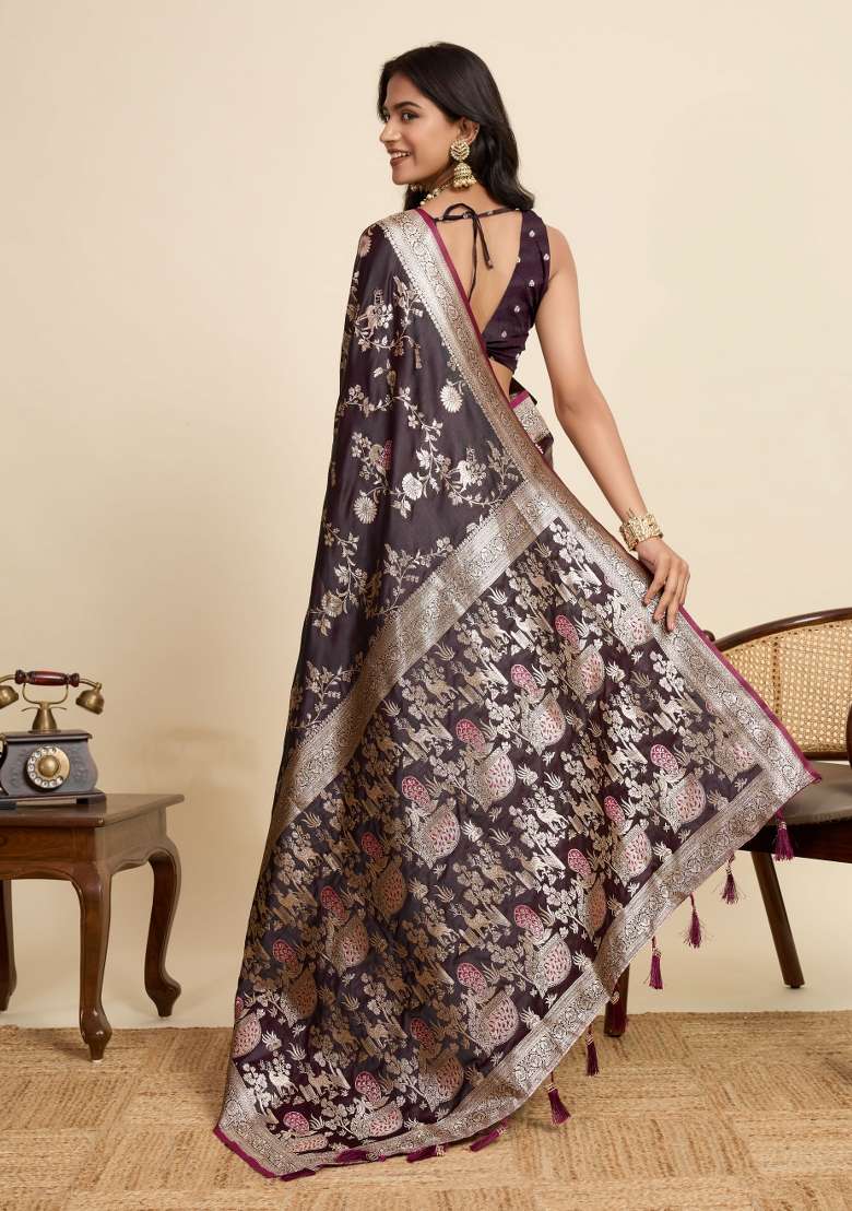 Wine Zari Work Silk Blend Saree Set for Diwali and Festive Wear - Indya