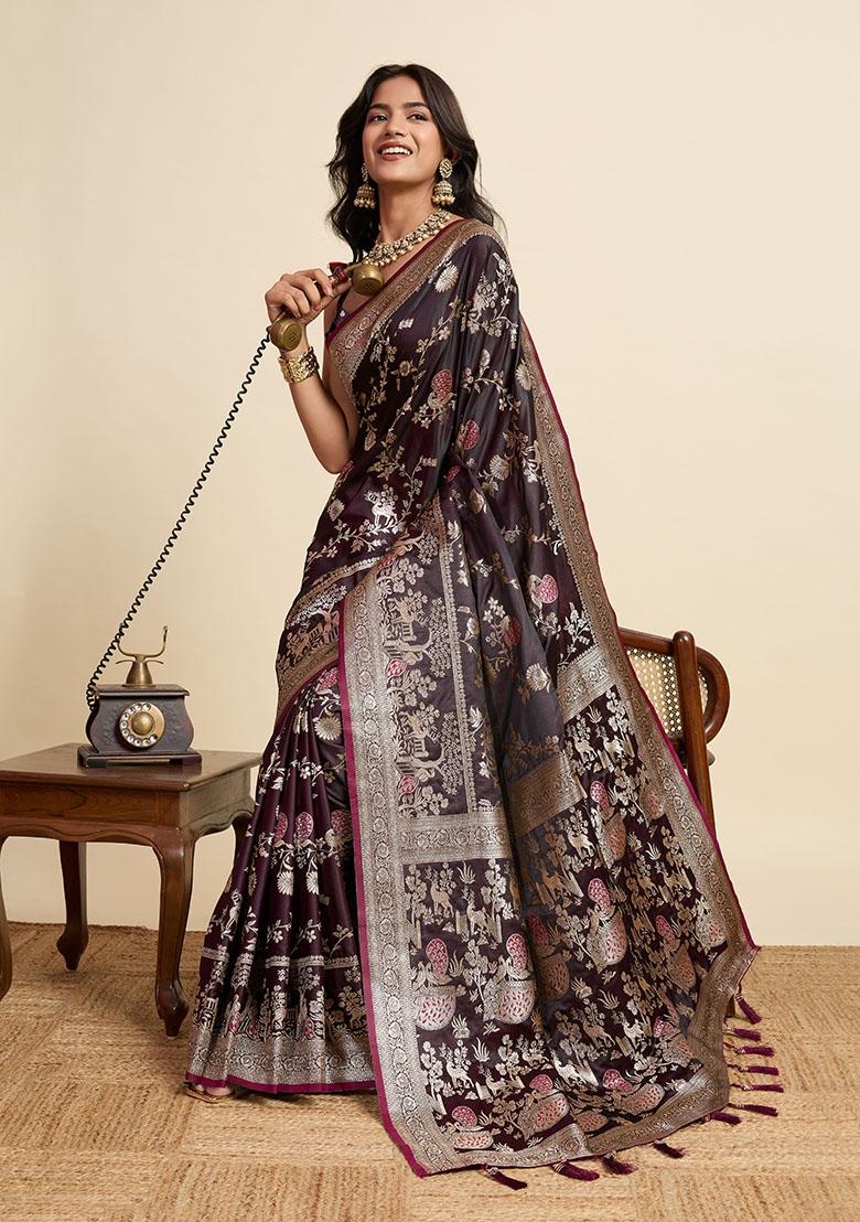 Wine Zari Work Silk Blend Saree Set - Indya