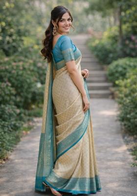 Off White Embroidered Faux Kanjivaram Silk Blend Saree Set