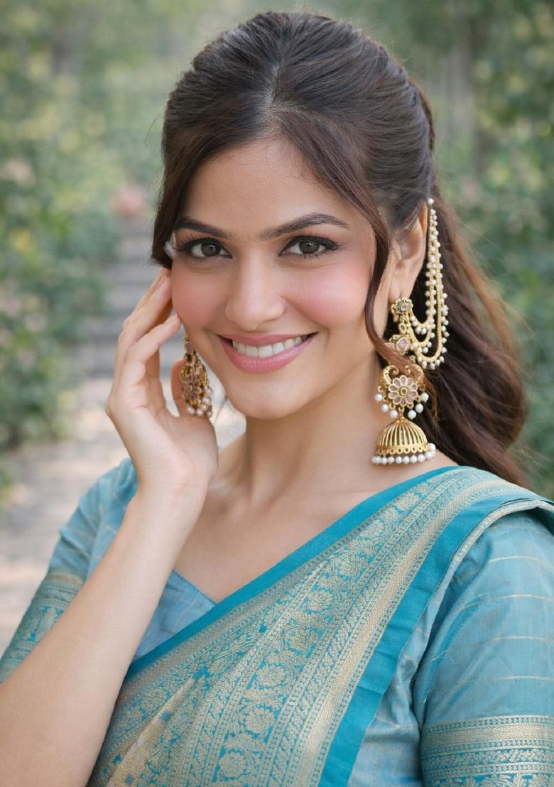 Off White Embroidered Faux Kanjivaram Silk Blend Saree Set - Indya