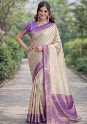 Off White Embroidered Faux Kanjivaram Silk Blend Saree Set