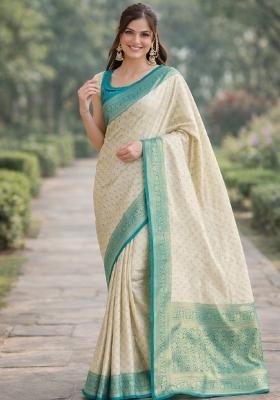 Off White Embroidered Faux Kanjivaram Silk Blend Saree Set
