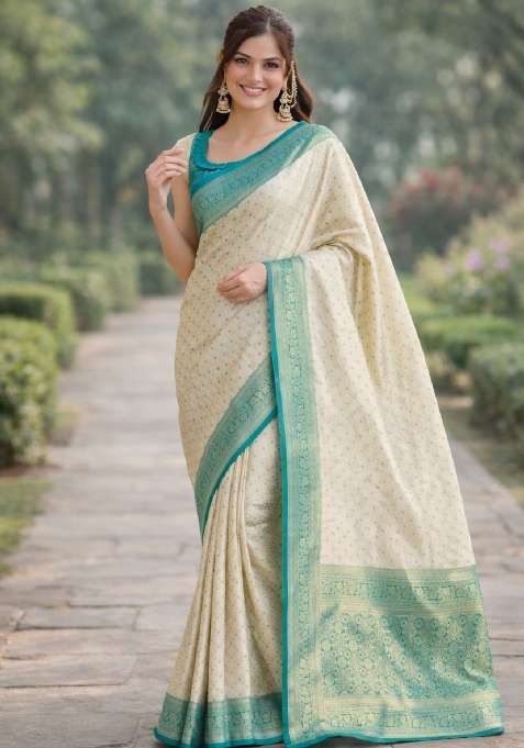 Off White Embroidered Faux Kanjivaram Silk Blend Saree Set