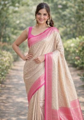Off White Embroidered Faux Kanjivaram Silk Blend Saree Set