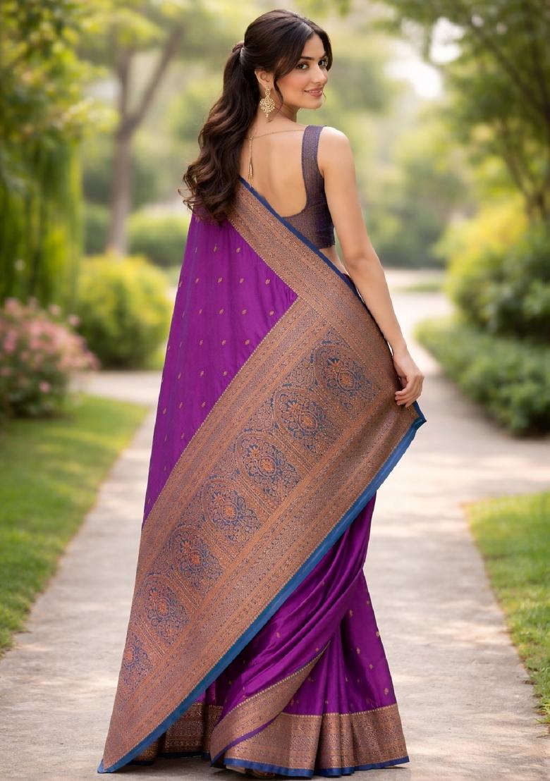 Wine Embroidered Banarasi Silk Blend Saree Set - Indya