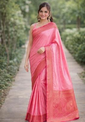 Pink Embroidered Banarasi Silk Blend Saree Set