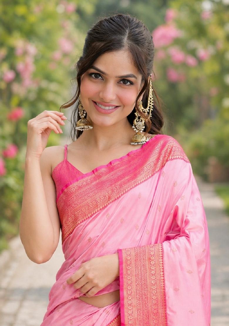 Pink Embroidered Banarasi Silk Blend Saree Set - Indya