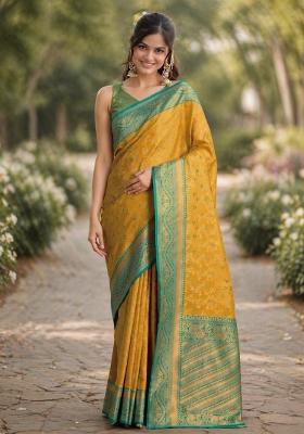 Dark Yellow Embroidered Banarasi Silk Blend Saree Set