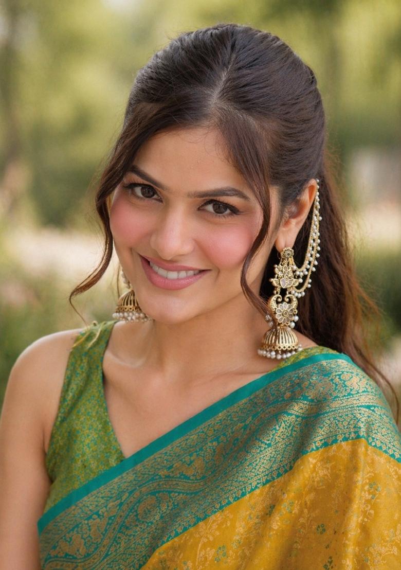 Dark Yellow Embroidered Banarasi Silk Blend Saree Set - Indya