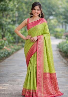Parrot Green Embroidered Banarasi Silk Blend Saree Set