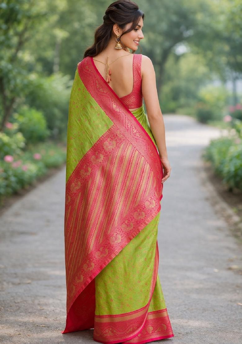 Parrot Green Embroidered Banarasi Silk Blend Saree Set - Indya