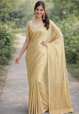 Off White Embroidered Banarasi Silk Blend Saree Set