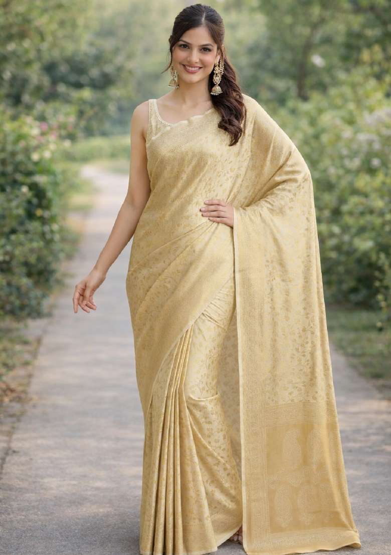 Off White Embroidered Banarasi Silk Blend Saree Set - Indya