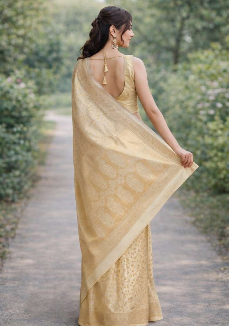 Off White Embroidered Banarasi Silk Blend Saree Set - Indya
