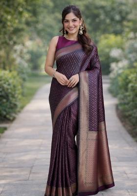 Purple Embroidered Banarasi Silk Blend Saree Set