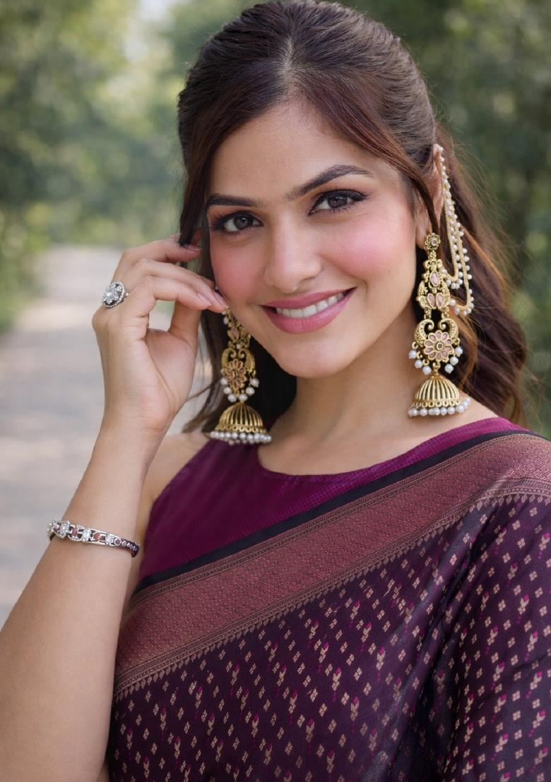 Purple Embroidered Banarasi Silk Blend Saree Set - Indya