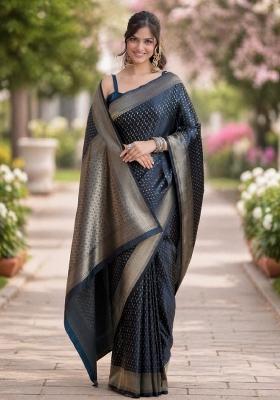 Blue Embroidered Banarasi Silk Blend Saree Set