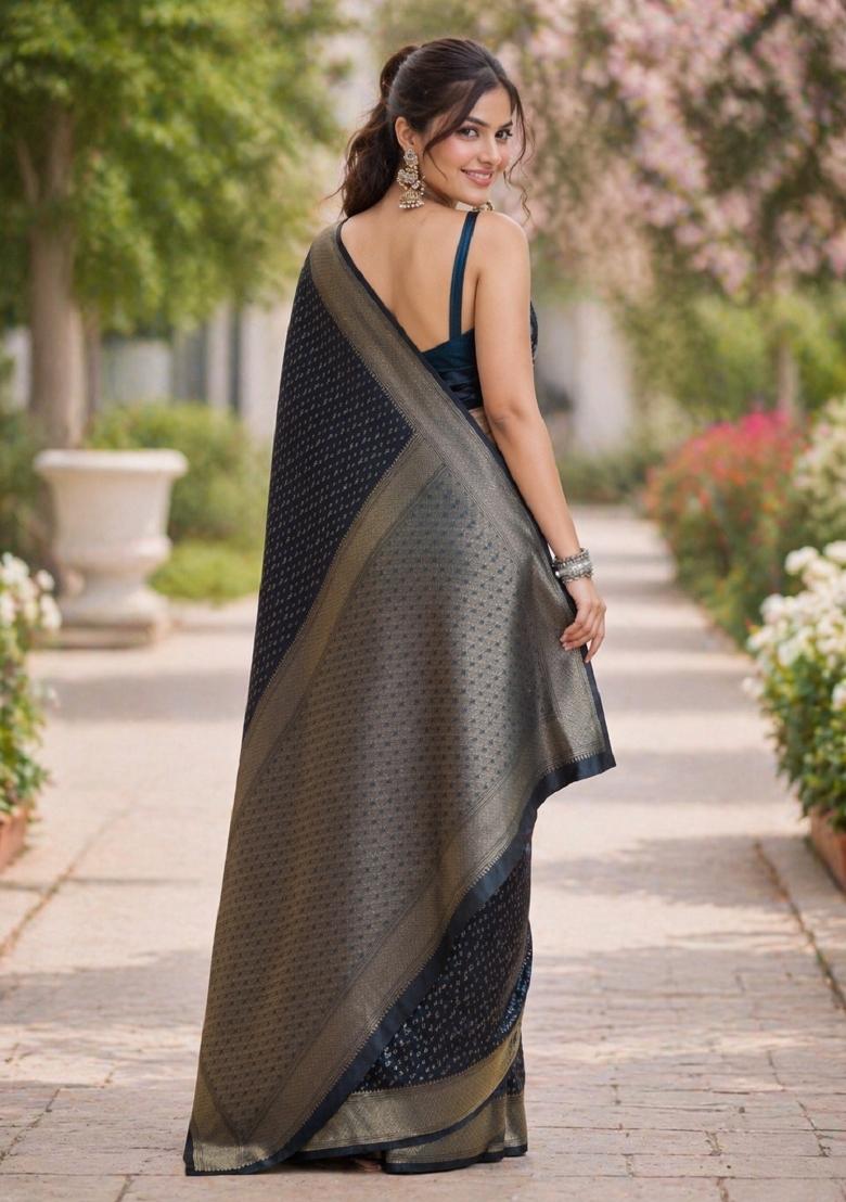 Blue Embroidered Banarasi Silk Blend Saree Set - Indya