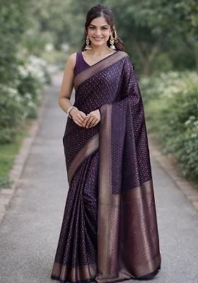 Wine Embroidered Banarasi Silk Blend Saree Set