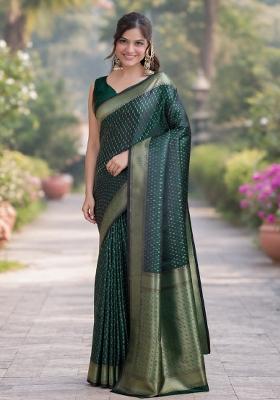 Green Embroidered Banarasi Silk Blend Saree Set