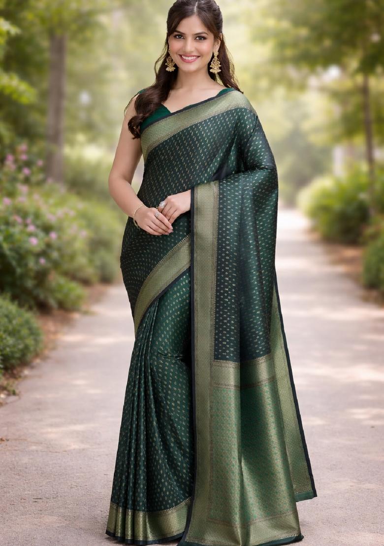 Green Embroidered Banarasi Silk Blend Saree Set - Indya