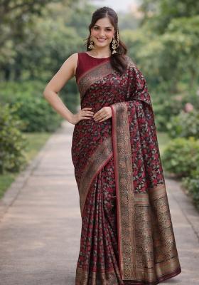 Maroon Embroidered Banarasi Silk Blend Saree Set