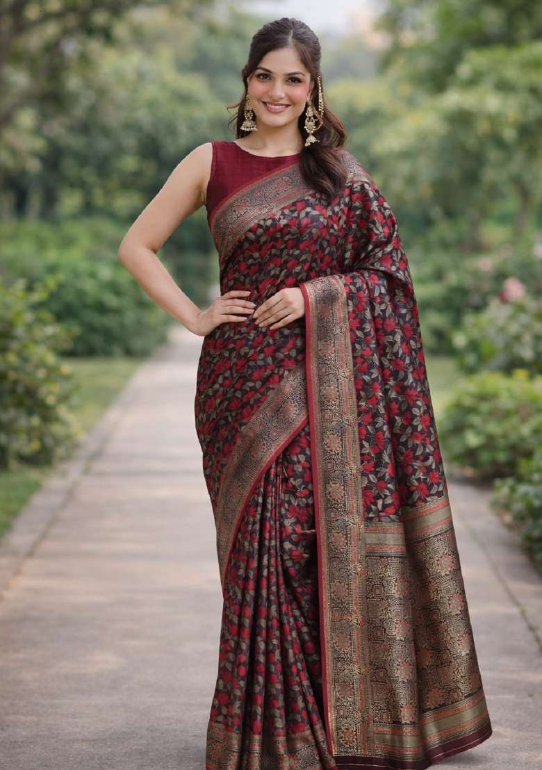 Maroon Blend Banarasi Silk Saree Set with Embroidered for Diwali | Wedding & Festive Wear - Indya