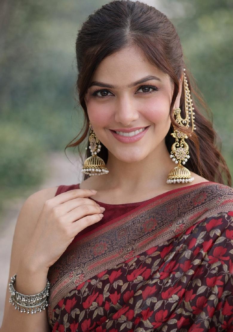 Maroon Embroidered Banarasi Silk Blend Saree Set - Indya