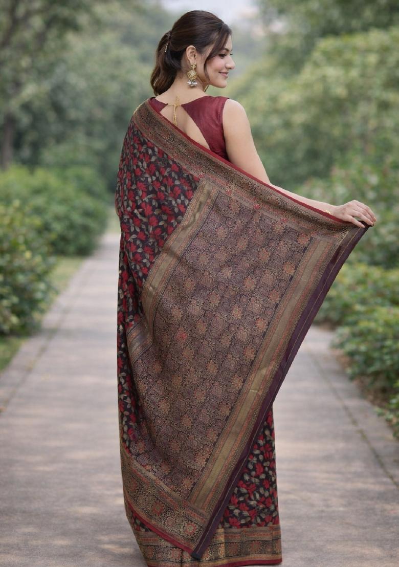 Maroon Embroidered Banarasi Silk Blend Saree Set - Indya