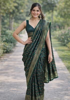 Green Embroidered Banarasi Silk Blend Saree Set