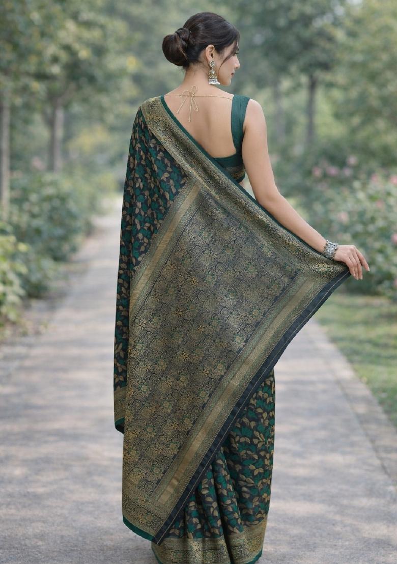 Green Embroidered Banarasi Silk Blend Saree Set - Indya