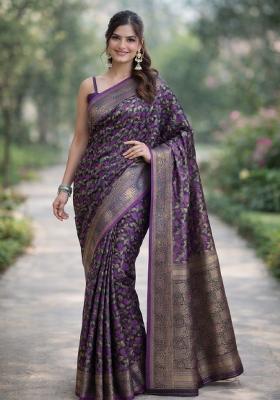 Wine Embroidered Banarasi Silk Blend Saree Set