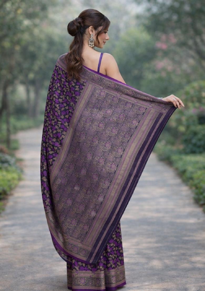 Wine Embroidered Banarasi Silk Blend Saree Set - Indya