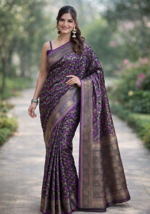 Wine Blend Banarasi Silk Saree Set with Embroidered for Diwali | Wedding & Festive Wear