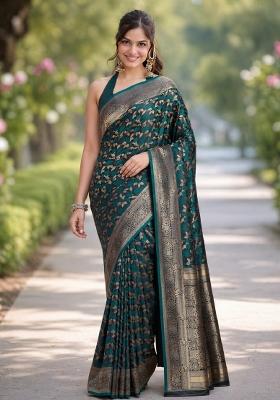 Turquoise Embroidered Banarasi Silk Blend Saree Set