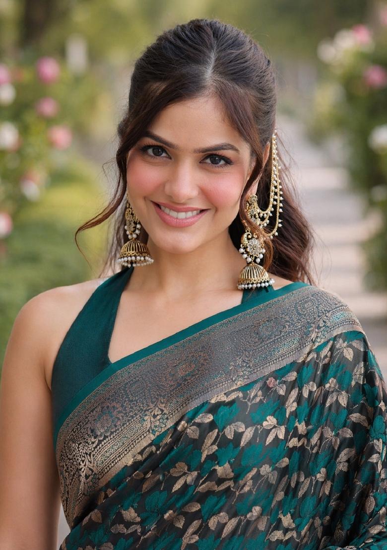 Turquoise Embroidered Banarasi Silk Blend Saree Set - Indya
