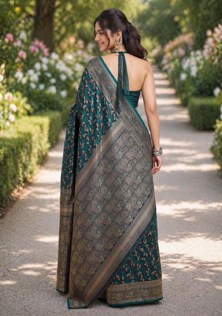 Turquoise Embroidered Banarasi Silk Blend Saree Set - Indya