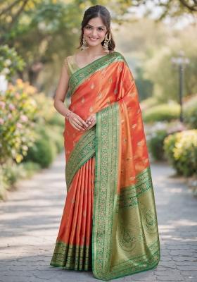 Orange Embroidered Banarasi Silk Blend Saree Set