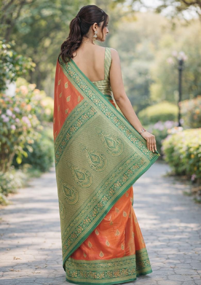 Orange Embroidered Banarasi Silk Blend Saree Set - Indya