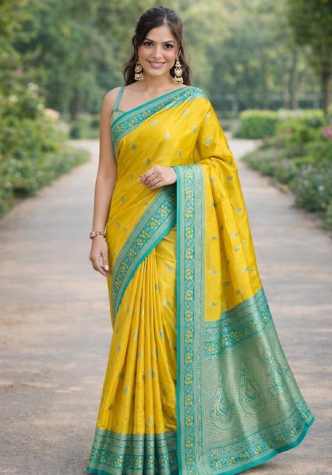Yellow Embroidered Banarasi Silk Blend Saree Set