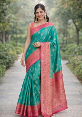 Turquoise Embroidered Banarasi Silk Blend Saree Set